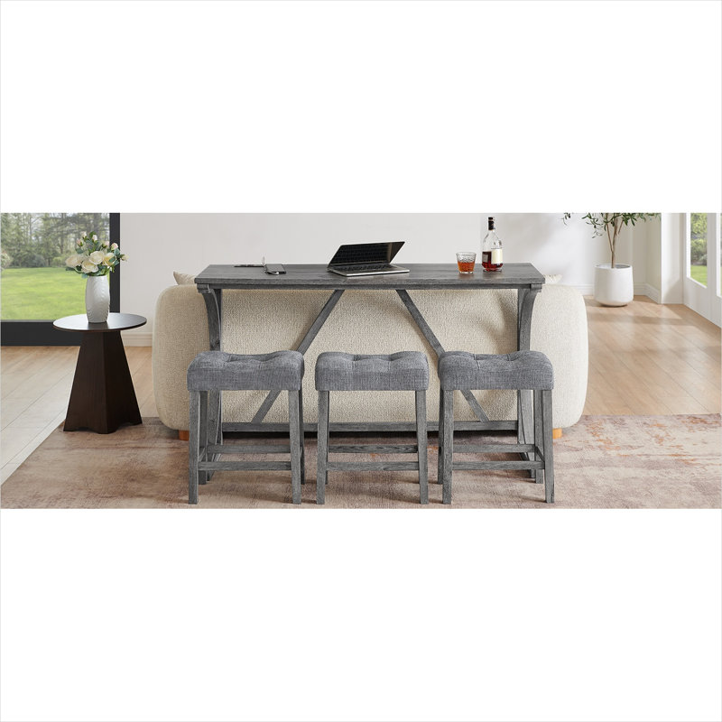 Ensemble de bar 4 pièces en bois massif gris avec prise de courant, table de 59 pouces et 3 tabourets rembourrés, style campagnard pour le salon