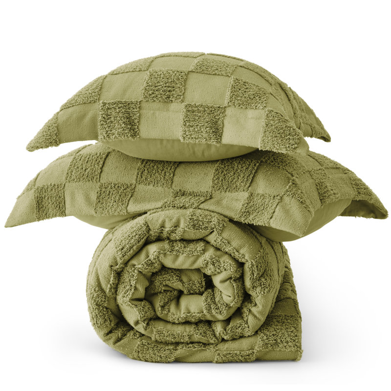 Bedsure Boho Tufted Checkered Farmhouse Comforter Set, 230GSM, Queen Comforter + 2 Standard Shams, Bronze Green