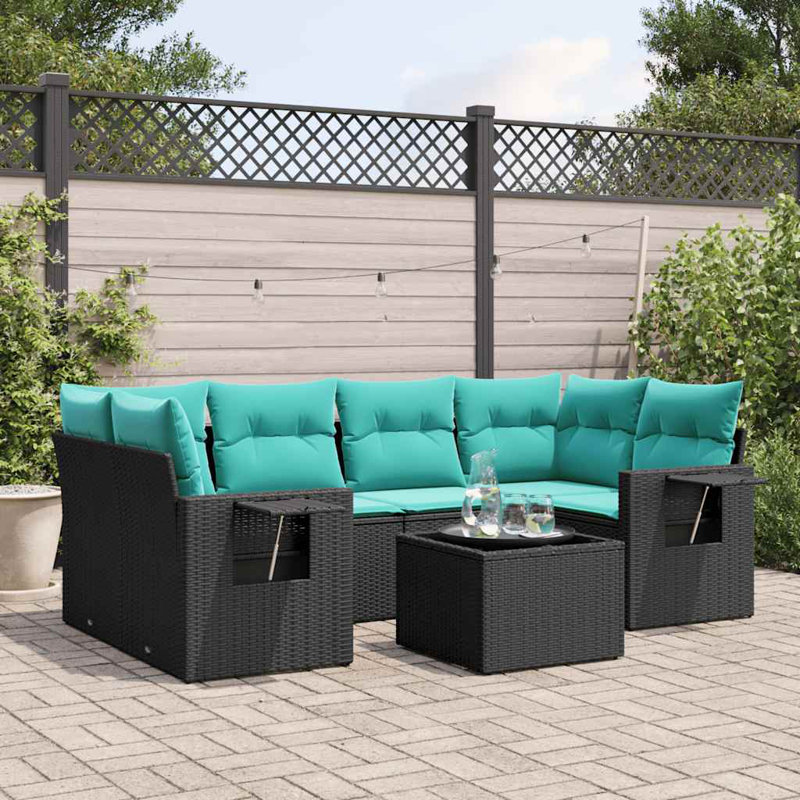 Ensemble de canapé de patio 7 pièces avec coussins en rotin de polyester, Bleu clair, Noir