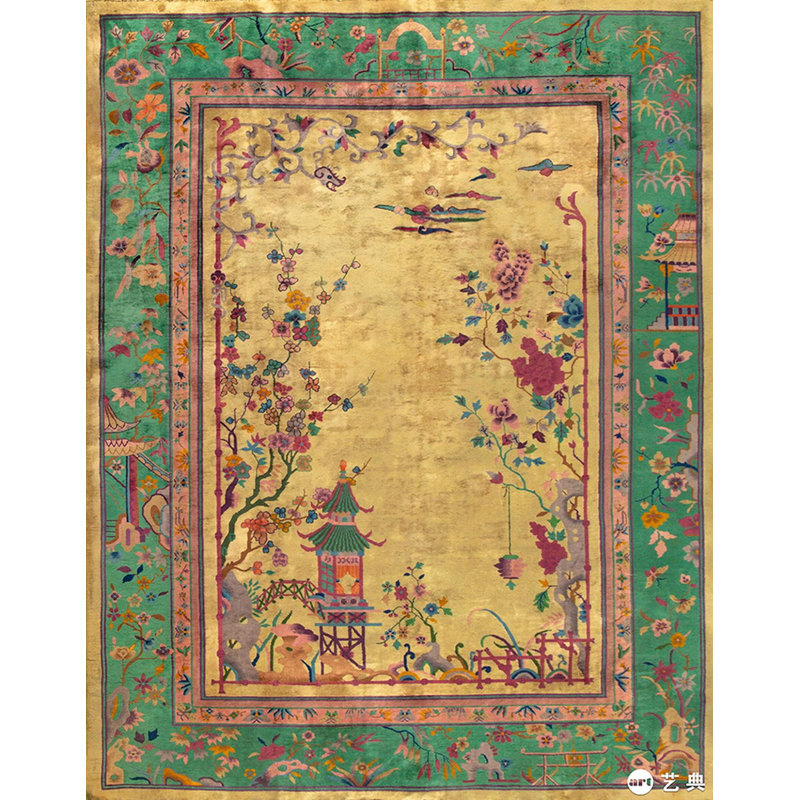 Scenic Antique Yellow Open Field Room Size Chinese Art Deco Wool Rug