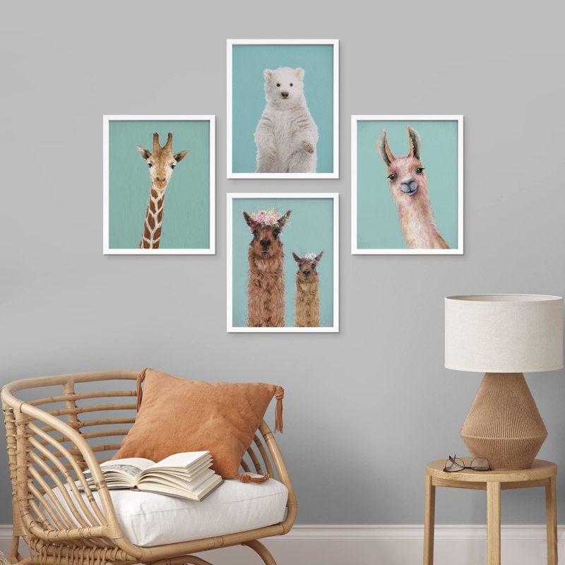 Chambre d'enfant - Pépinière de lama, girafe encadrée sur papier, impression de 4 pièces, Blanc, H 16 po x l 12 po