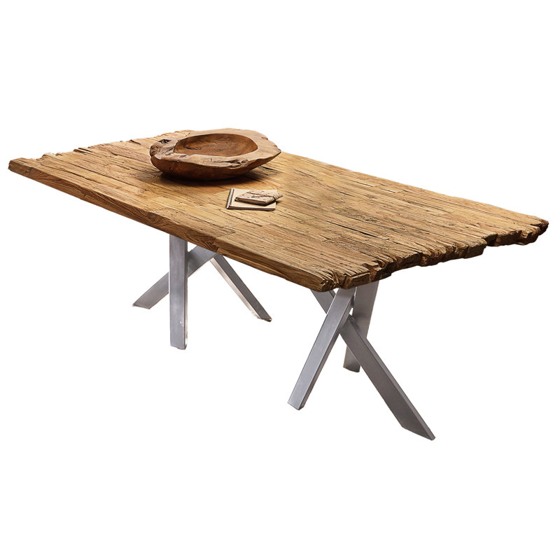 Lindahl Teak Solid Wood Top Metal Base Dining Table, Silver, H77 x L160 x W90cm