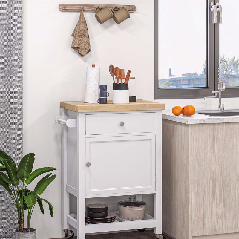 Utility Kitchen Cart, Rolling Kitchen Island with Smooth Rubberwood Top, Narrow Butcher Block Surface on Wheels with Storage Drawer & Cabinet, White