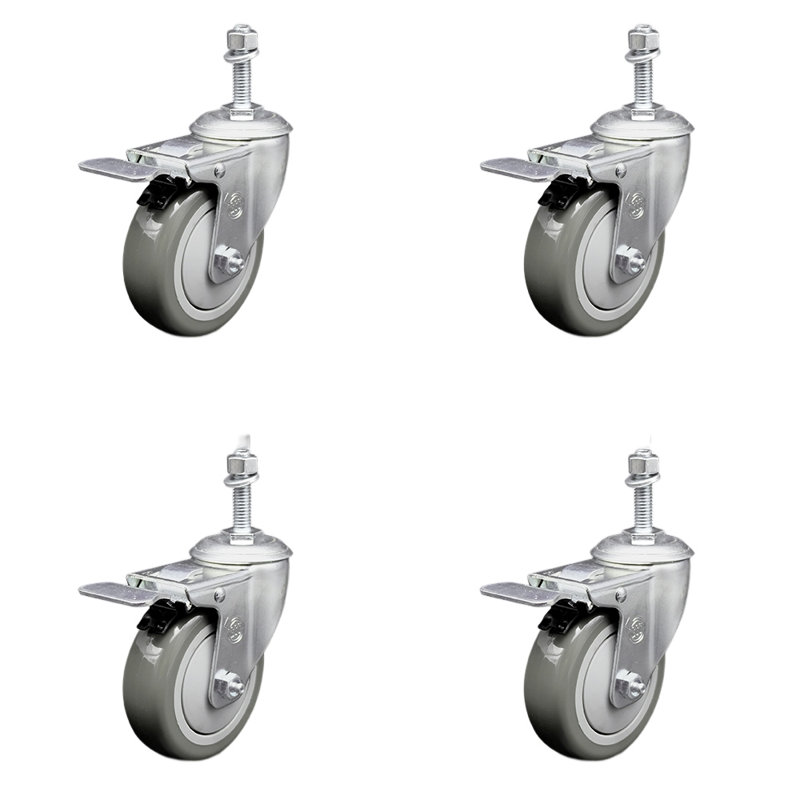 4 Inch SS Gray Polyurethane 3/8 Inch Threaded Stem Caster Set Total Lock Brake