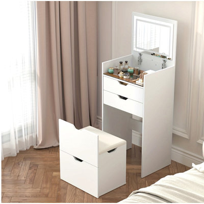 Dressing Table And Stool, 3-In-1 Multifunctional Dressing Table Set, Featuring Three-Color Lighting Modes, Hd Mirror, Two Sliding Drawers And A Hidden Storage Stool