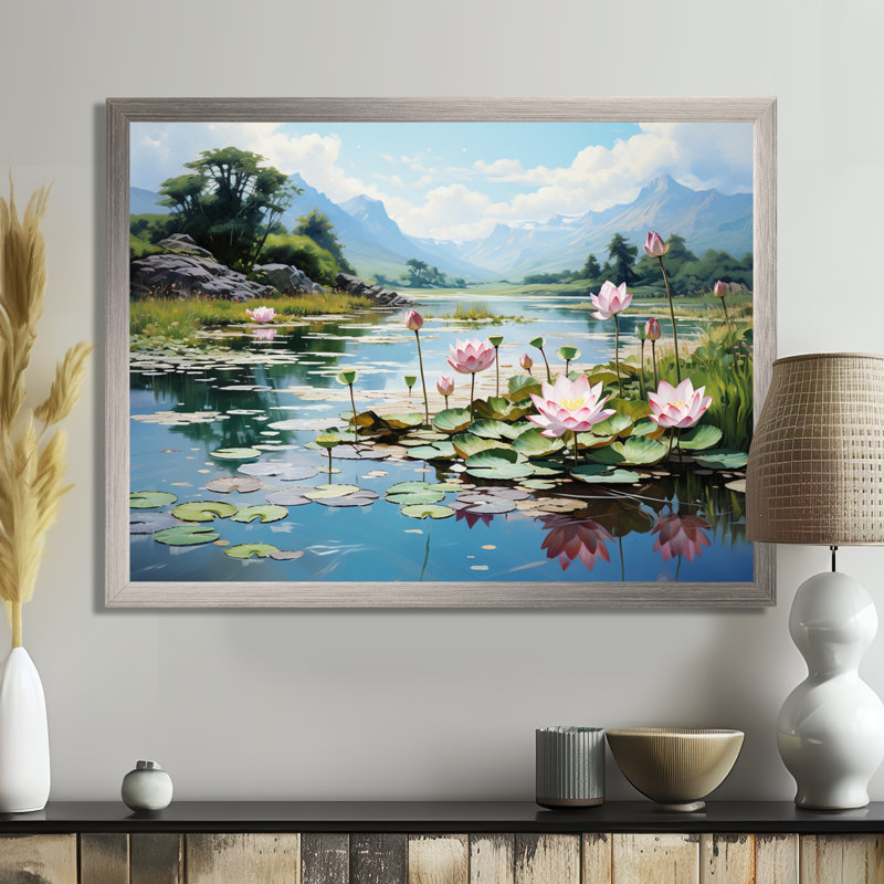 «Malacai China Art Jade Lotus II», art mural Chine, H 24 po x l 32 po x P 1 po, Cadre flottant doré