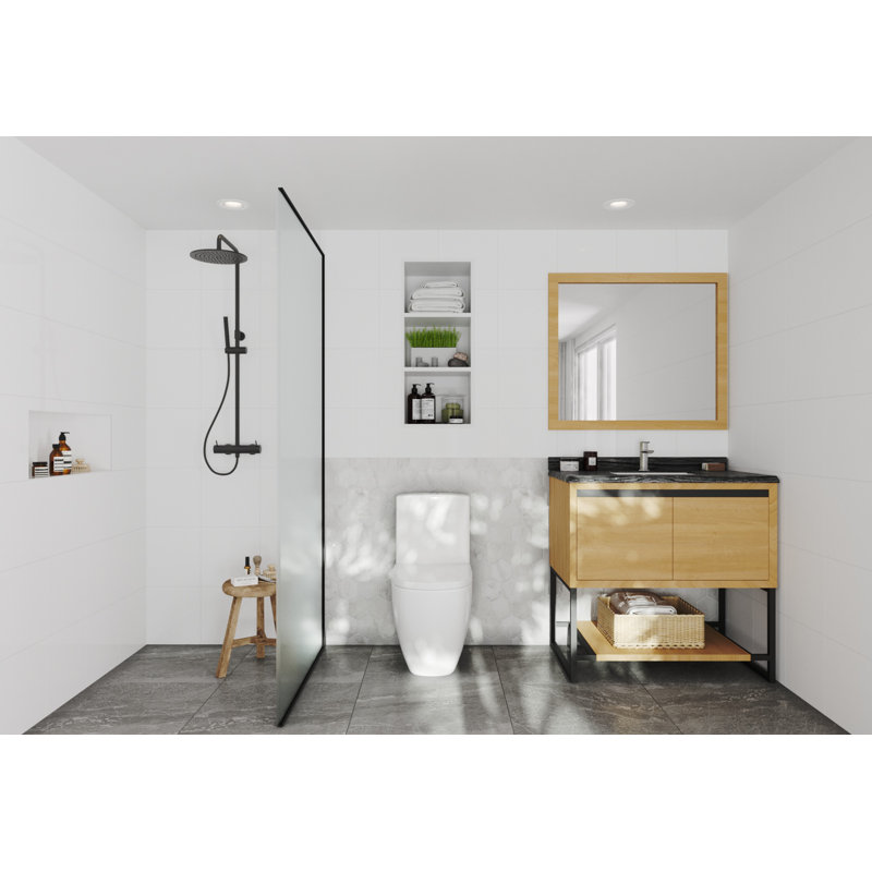 Ensemble de meuble-lavabo simple 36 po Riey, Chêne blanc californien, Marbre grain de bois noir