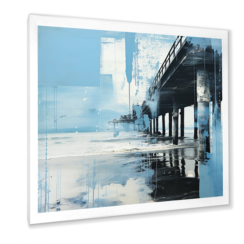 Minimalisme bleu sarcelle et jetée blanche paysage I - décoration murale nautique et plage, H 24 po x l 24 po x P 1 po