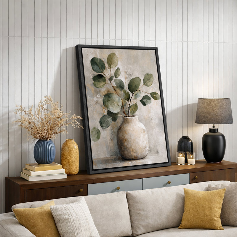 «Green Eucalyptus Branches», œuvre d'art encadrée sur toile, 24" H x 16" W x 1.5" D, Black Frame