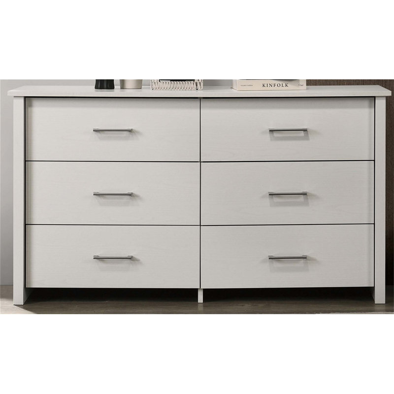 Commode à 6 tiroirs avec poignées en métal, finition durable et rangement spacieux pour les chambres à coucher modernes.