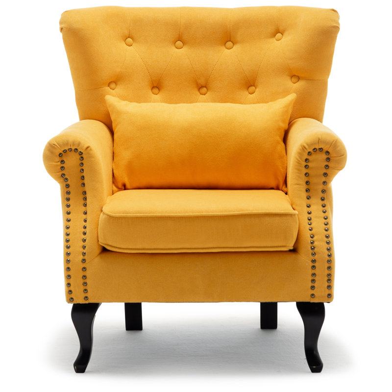 Tufted Wingback Chair, Yellow Linen Blend