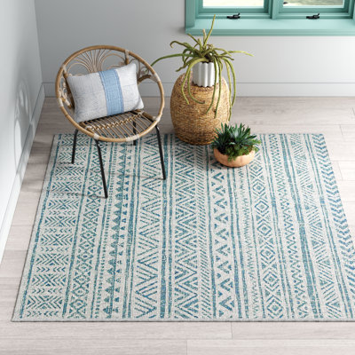 Tomas Southwestern Machine Woven Aqua/Gray Area Rug