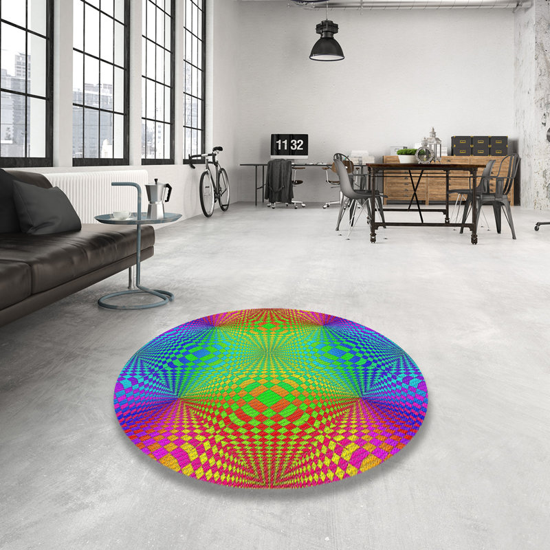 Tapis mauve/vert/rouge à tissage électrique, Rond 8 pi