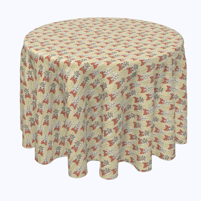 Geometric Round Christmas Tablecloth, 108" x 108", Pine Cones with Bows