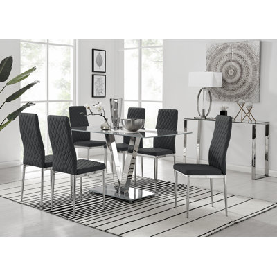 Ransart Modern Luxury Glass & Metal Dining Table Set With 6 Quilted Faux Leather Dining Chairs