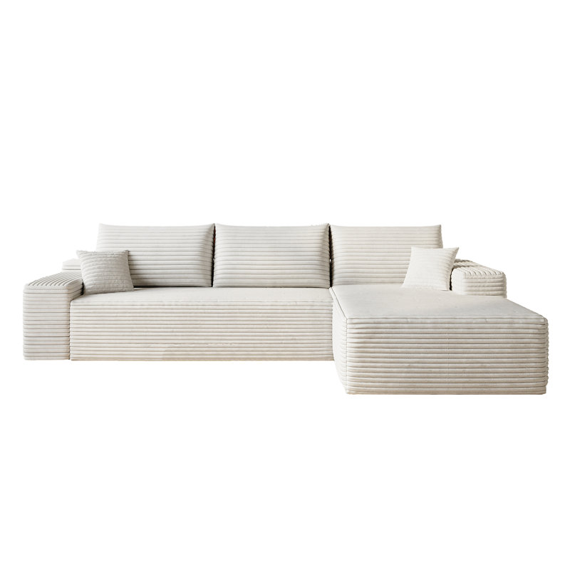 Canapé modulaire en L 107 po avec 3 coussins en forme de L, revêtement en velours côtelé blanc, modulaire moderne pour le salon, aucun assemblage requis. Canapé en tissu avec méridienne, blanc, chambre à coucher