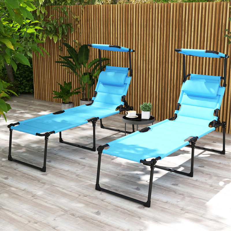 Blue Camping Lounge Chair, 2 Pcs With Adjustable , Folding Chaise And Sunshade Roof Outdoor Reclining & Pillow