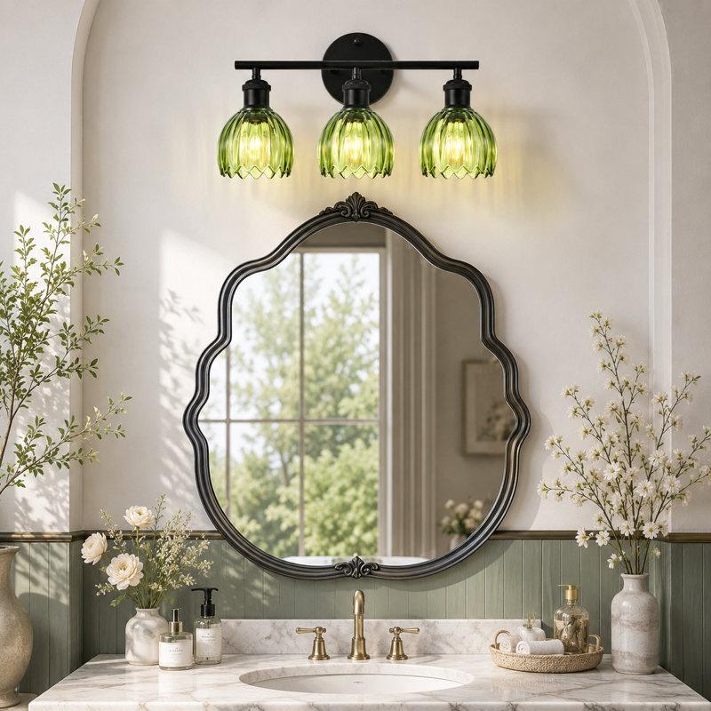 3-Light Vanity Light With Green Tulip Glass Shades, Modern Bathroom Wall Lighting For Bedroom, Kitchen, Living Room, 3 Lights