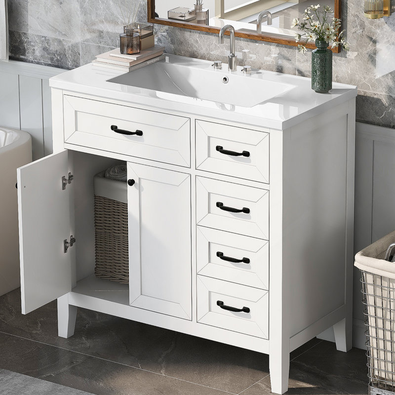 Ensemble de meuble-lavabo avec lavabo, avec tiroirs, cadre solide et panneau de fibres à densité moyenne pour une mise à niveau fonctionnelle et élégante de la salle de bain