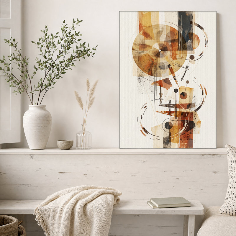 Toile abstraite, vinyle et formes géométriques sur toile rouille, 36"H x 24"W