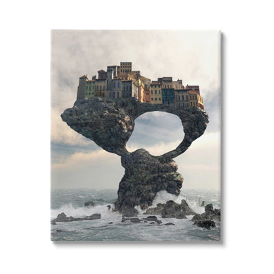 " Surreal City Atop Rocks Cliff Sea Waves Splashing " by Cynthia Decker