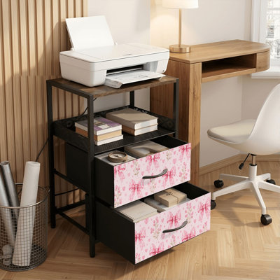 Table de chevet 2 tiroirs avec station de charge, table de chevet de chambre à coucher avec ports USB, tablette ouverte noire, table de chevet avec ruban rose