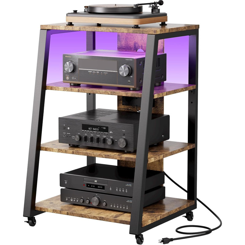 4-Tier Rolling Media Stand With Power Outlets & LED Lights, Adjustable Shelves For Record Player, Stereo Rack, Audio Video Cabinet With Cable Management