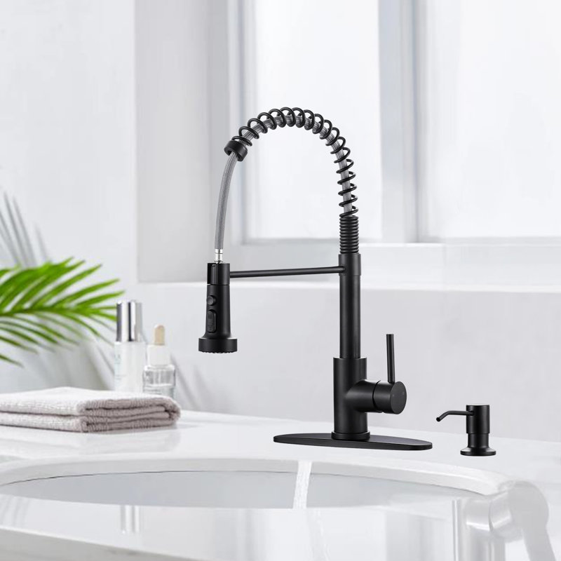 Stainless Steel Kitchen Faucet With Pull-Down Spray Nozzle, 3-Function Single Handle Kitchen Faucet, With Soap Dispenser.