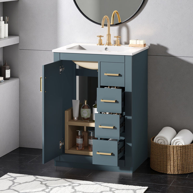 24" Freestanding Single Bathroom Vanity with Ceramic Sink, 1 Door, and 3 Drawers, Blue