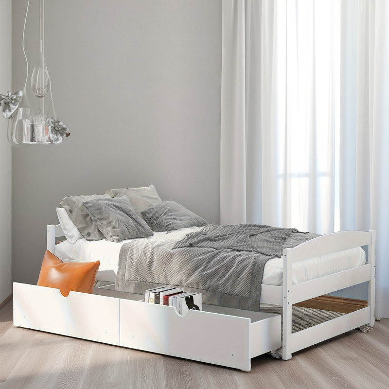 Lit plateforme simple avec 2 tiroirs - Pin blanc, peu encombrant, Blanc