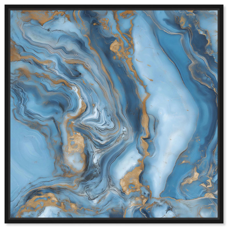 River Gold, toile abstraite bleue par Art , H 25 po x l 25 po, Cadre flottant, Noir