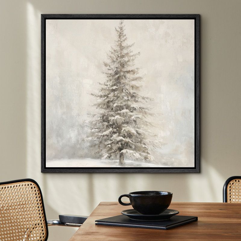 Œuvre de sapin enneigé enneigé, photos murales neutres de vacances rustiques modernes, impression sur toile encadrée