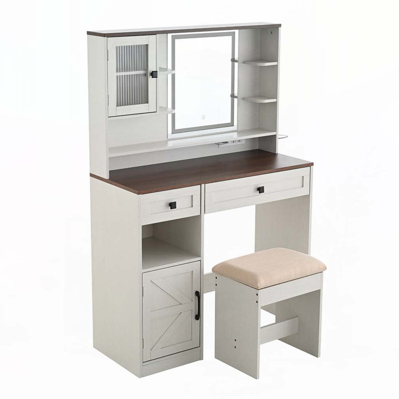 Ensemble de coiffeuse avec miroir et tabouret de maquillage avec lumières et station de charge, Blanc
