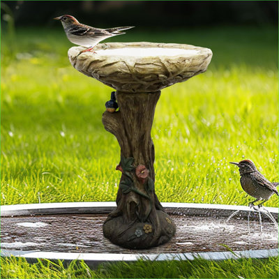 25.5 Inch Heigh Wood-Look Concrete Bird Bath With Decorative Faux Bird Enhances Garden, Patio, Yard, Lawn Décor