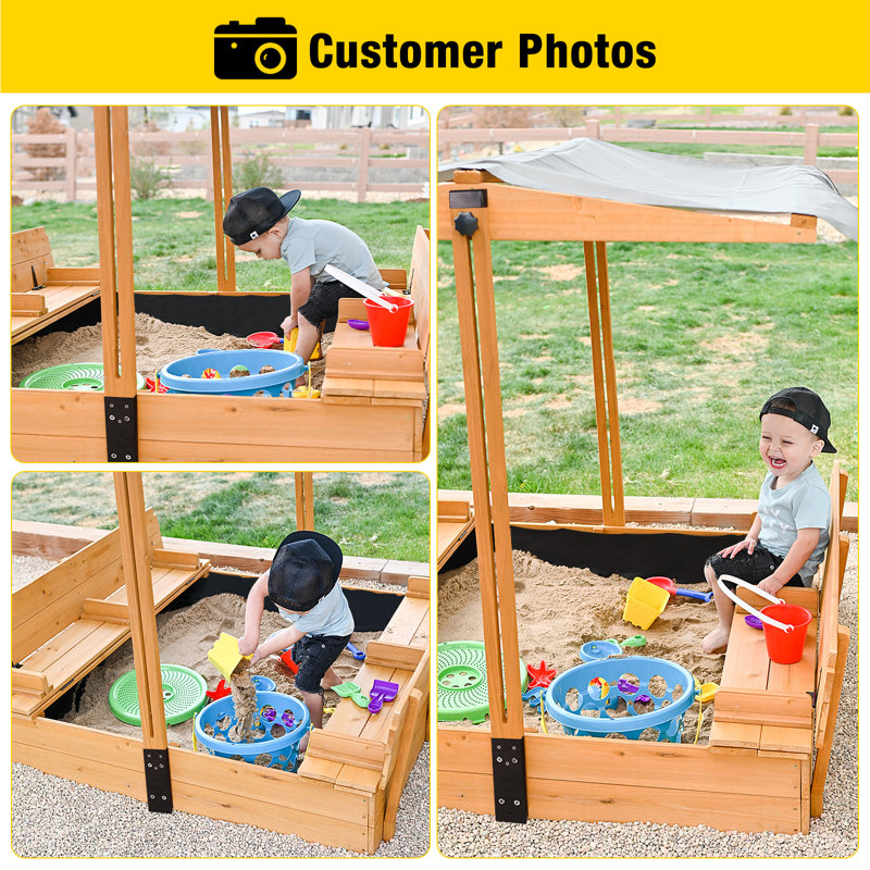 Natural Wood Kids' Sandbox with Cover and Bench