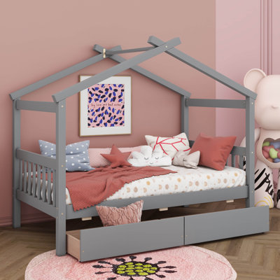 Twin Size Wooden House Bed With Drawers,