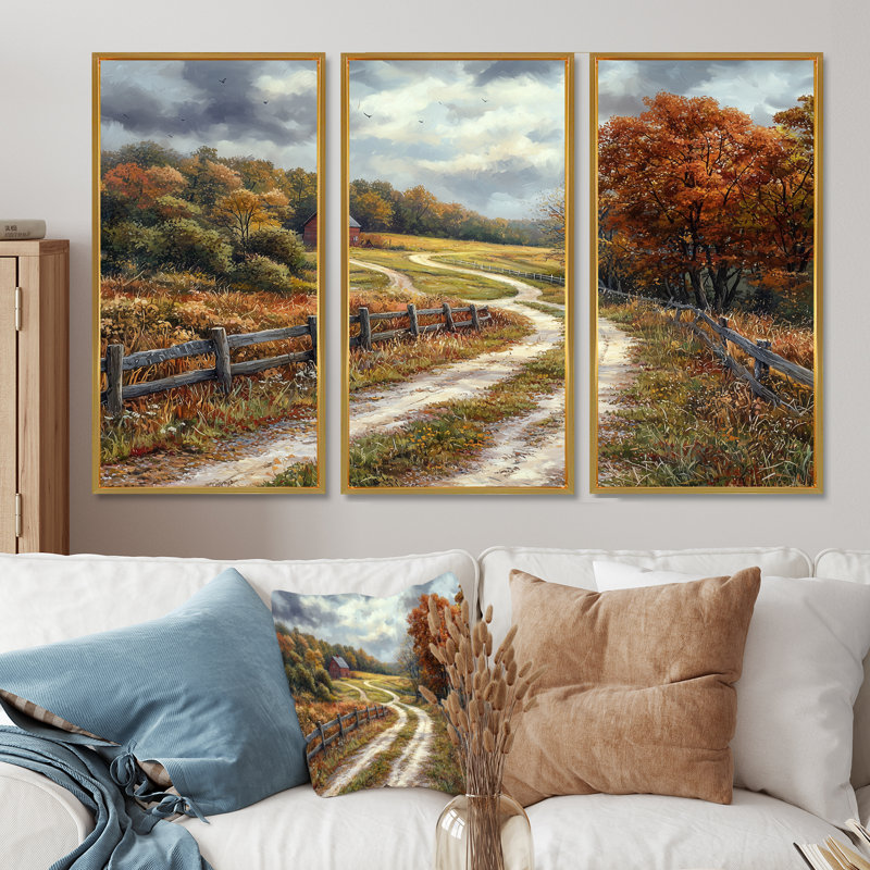 Ensemble de salon art mural vert d'automne, Toile avec cadre flottant or, H 40 po x l 60 po x P 1 po