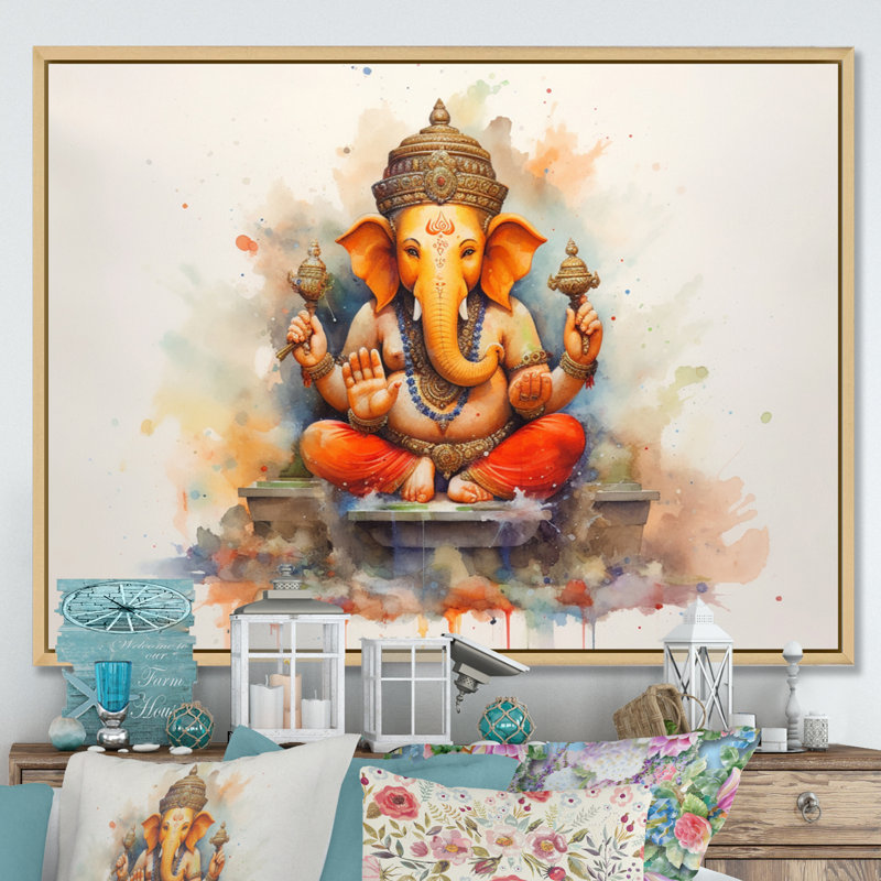 Éléphant vibrant d'Hinduisim II, H 34 po x l 44 po x P 1,5 po, Cadre flottant érable