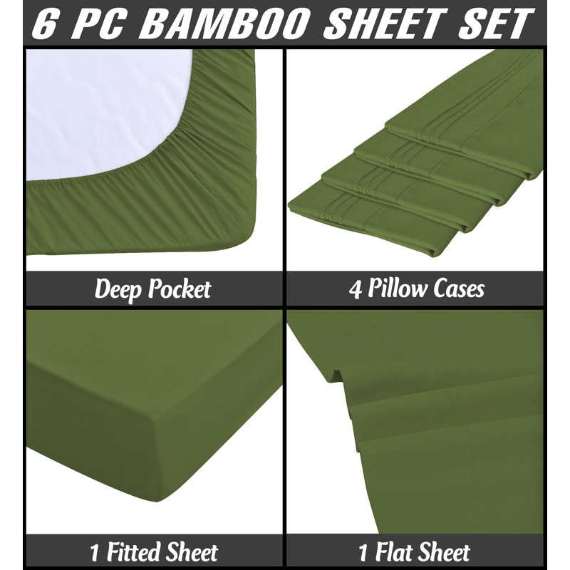 Premium Rayon From Bamboo 6 Pc Sheet Set With Deep Pockets, Cooling, Sage Green, Split King Sheet Set with 4 Pillowcases