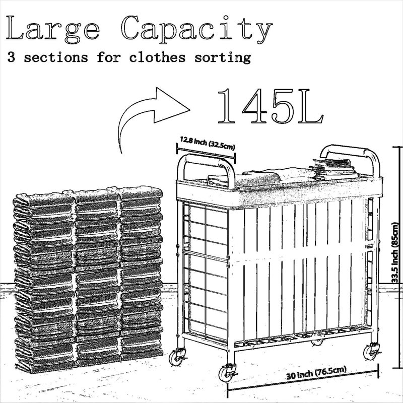 3-Section Rolling Laundry Hamper With Removable Bags, 145L Capacity Laundry Sorter Cart With Lockable Wheels For Home Organization