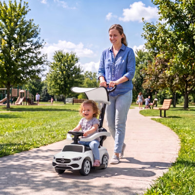 4 in 1 Toddler Push Car, Licensed Mercedes-Benz Ride On Car, Foot to Floor Slider with Parent Push Handle, Canopy, Guardrails, Horn, Music, Under Seat Storage for 18-36 Months