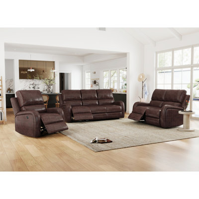Rimmer 3-Piece Modern and Soft Vegan Leather Power Reclining Living Room Set with USB Charge Port
