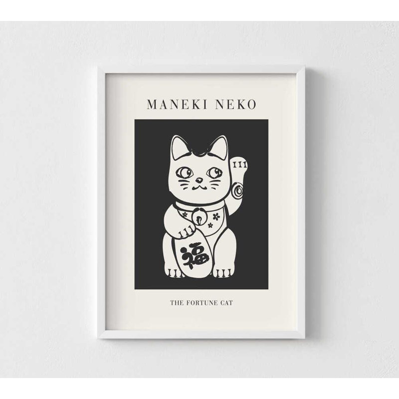 Affiche murale Maneki Neko - Minimalist Fortune Cat, H 16 po x l 12 po, Impression encadrée sans passe-partout, Blanc