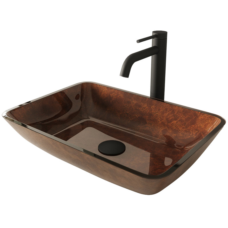 Lavabo de salle de bain rectangulaire en verre avec robinet H 10 po L 18 po x l 13 po x H 4 po Donatello, Gris onyx, Noir mat