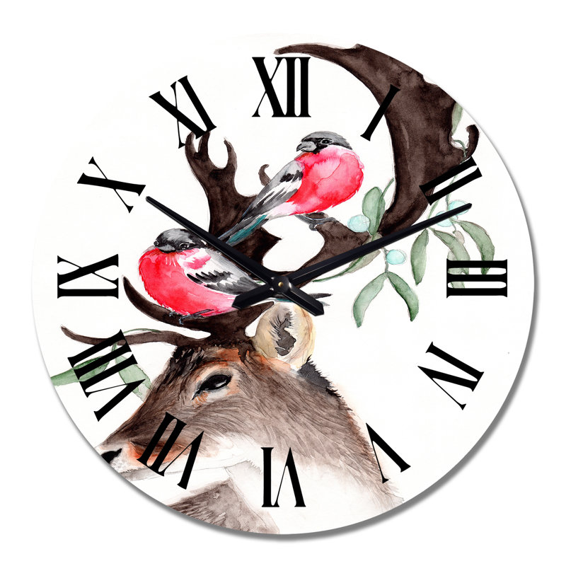 Horloge murale traditionnelle cerf avec deux bouvreuils rouges, Grand