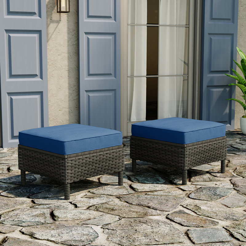 Repose-pieds d'extérieur en osier avec repose-pieds rembourré, Gris, Bleu très foncé