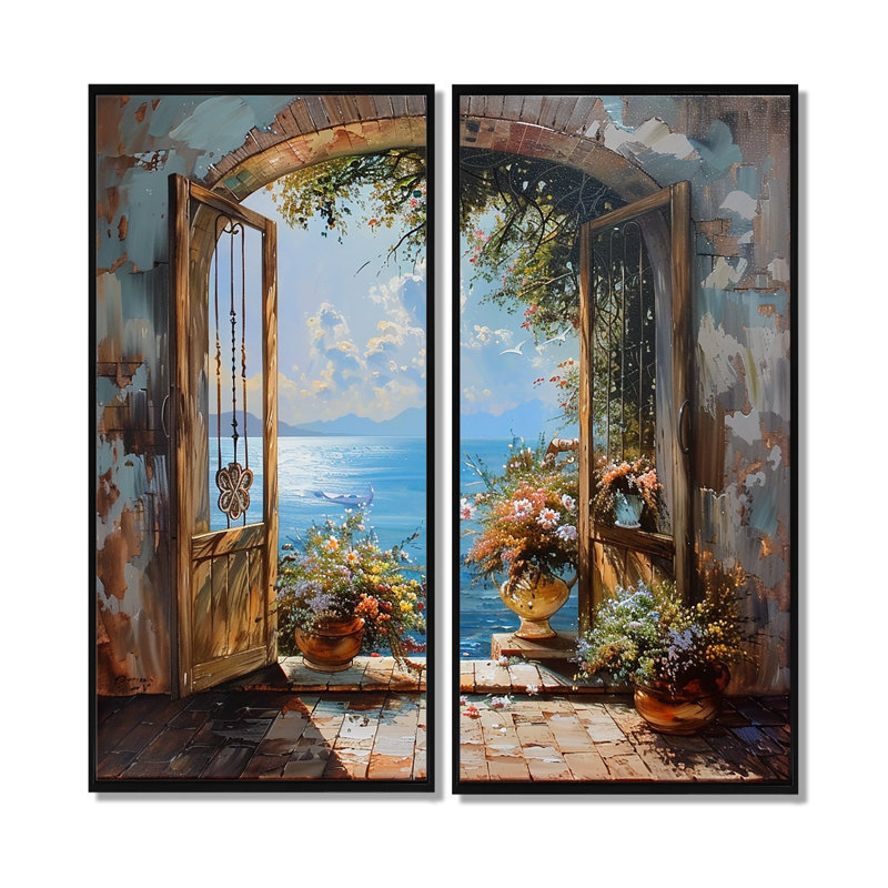 Fenêtre française vue sur l'horizon bleu méditerranéen - impressions sur toile bleu côtier, H 40 po x l 40 po, Noir