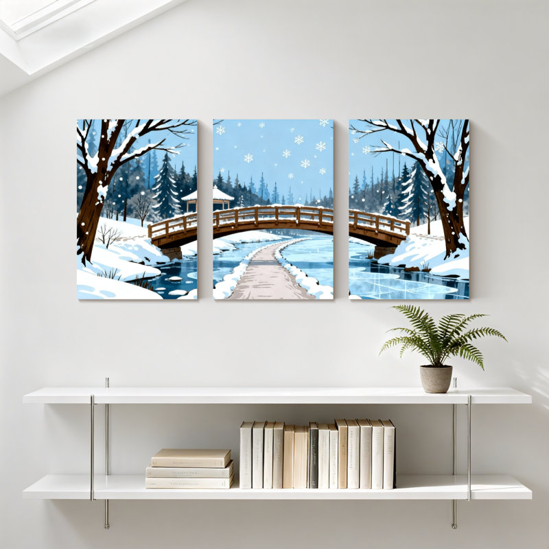 Hiver, forêt, pont d'hiver, flocon de neige, scène de forêt, ensemble de 3 impressions sur toile, H 30 po x l 60 po