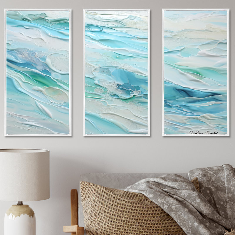 Ocean Charm Liquid Art - Ocean Wall Decor Set, 40" H x 60" W , White Floater Framed