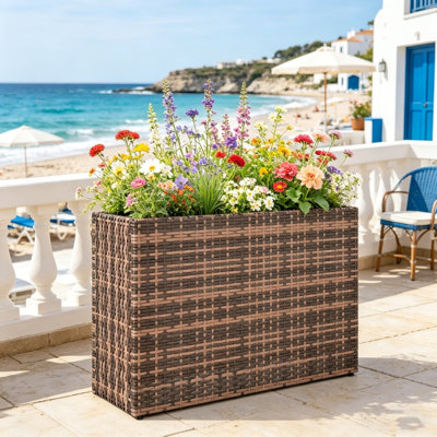 Boîte à fleurs surélevée en osier brun résistante aux intempéries, cadre de support en acier robuste anti-basculement et pieds de nivellement, pot de plantation spacieux pour la culture de légumes